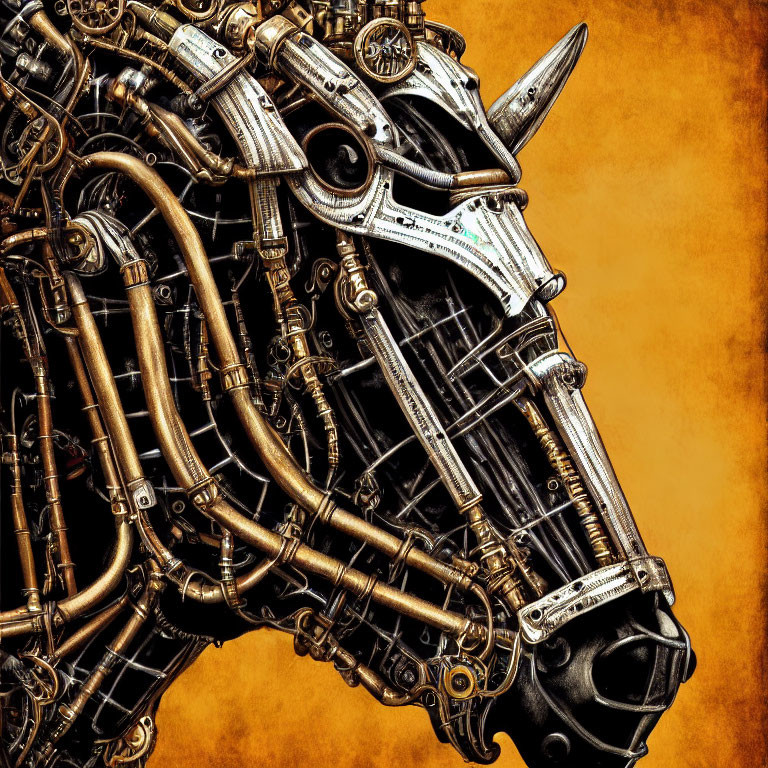 Intricate Steampunk Mechanical Horse Head Against Warm Background