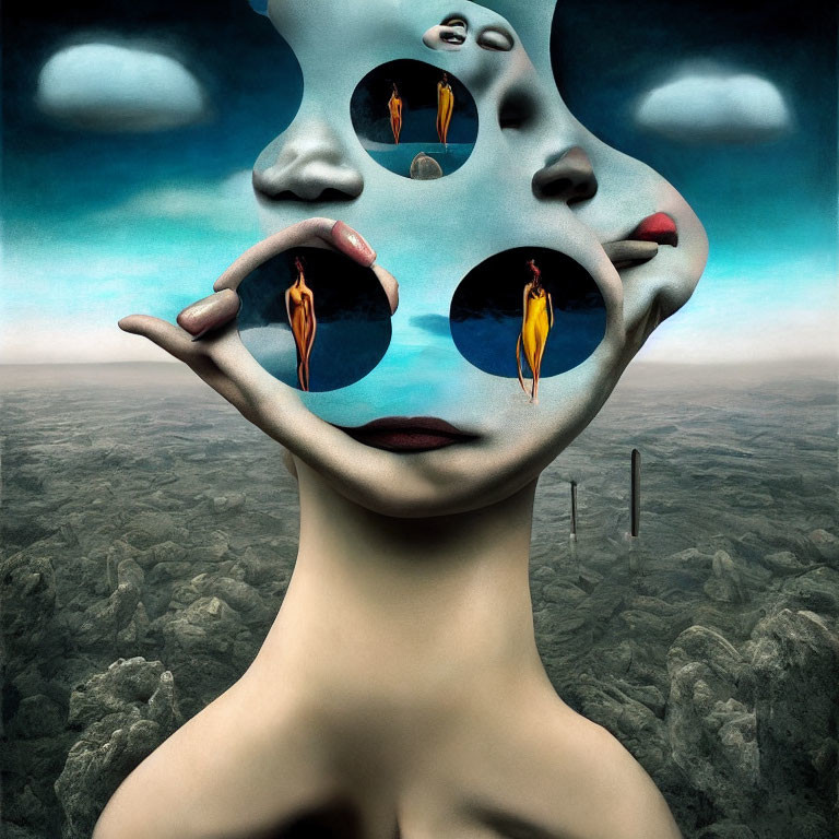 Surreal art: Face with multiple eyes and lips, person in eye holes, barren landscape.