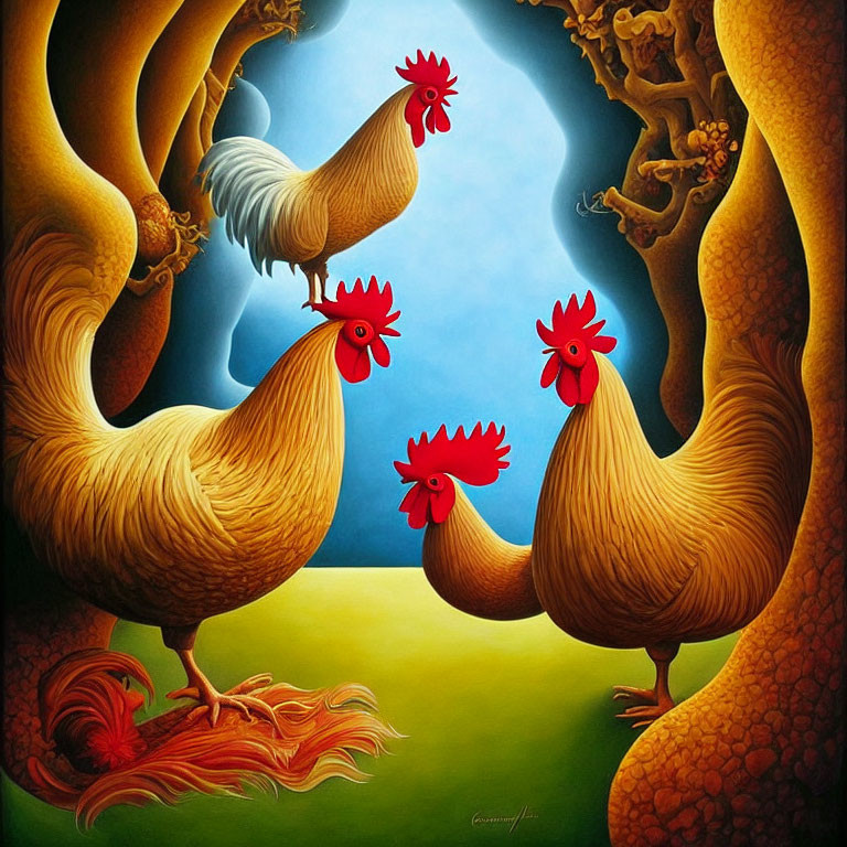 Vibrant Stylized Painting of Three Roosters in Whimsical Setting