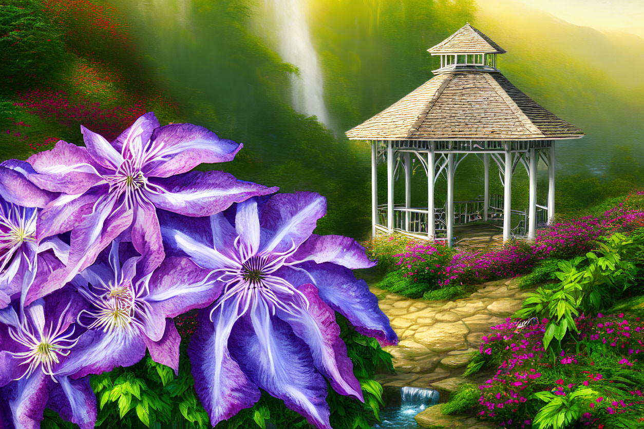 Vivid purple clematis flowers with gazebo and waterfall in serene landscape