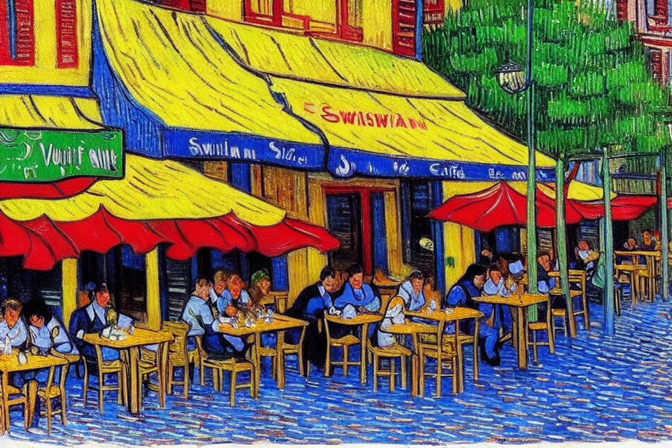 Colorful Night Street Café Painting with Patrons and Starry Sky