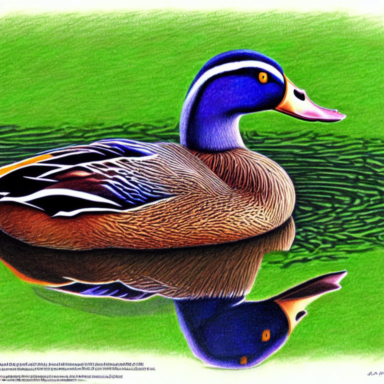 Vibrant Mallard Duck Illustration with Detailed Plumage on Rippled Water
