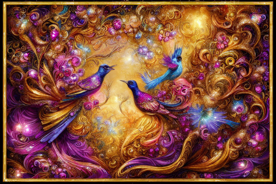 Colorful artwork of two stylized birds in ornate background