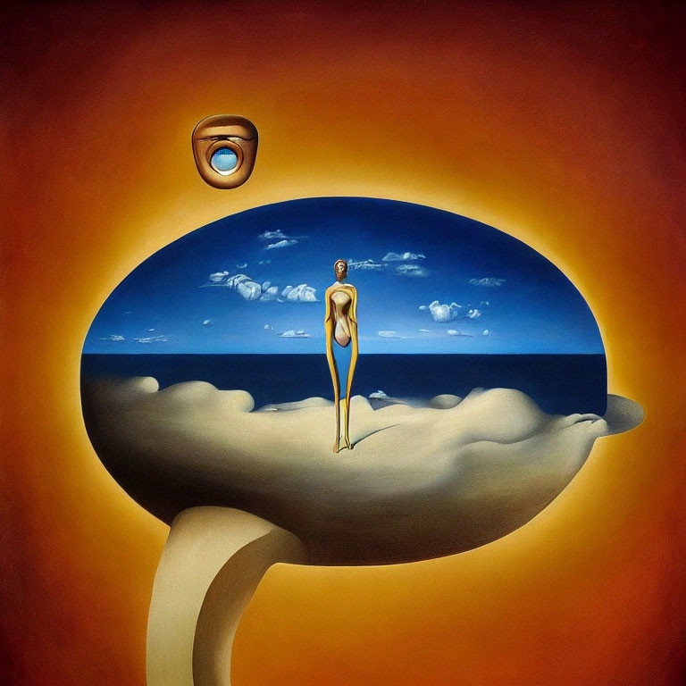 Surrealistic painting of solitary figure in desert landscape with large eyes
