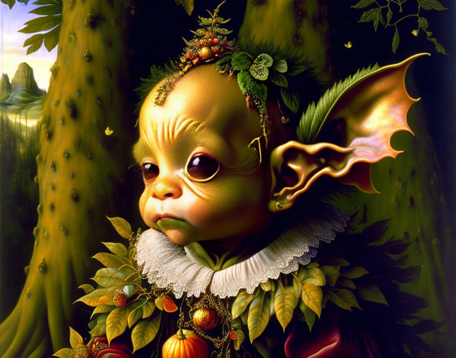 Mythical creature with large eyes, pointed ear, and ruffled collar in lush greenery with