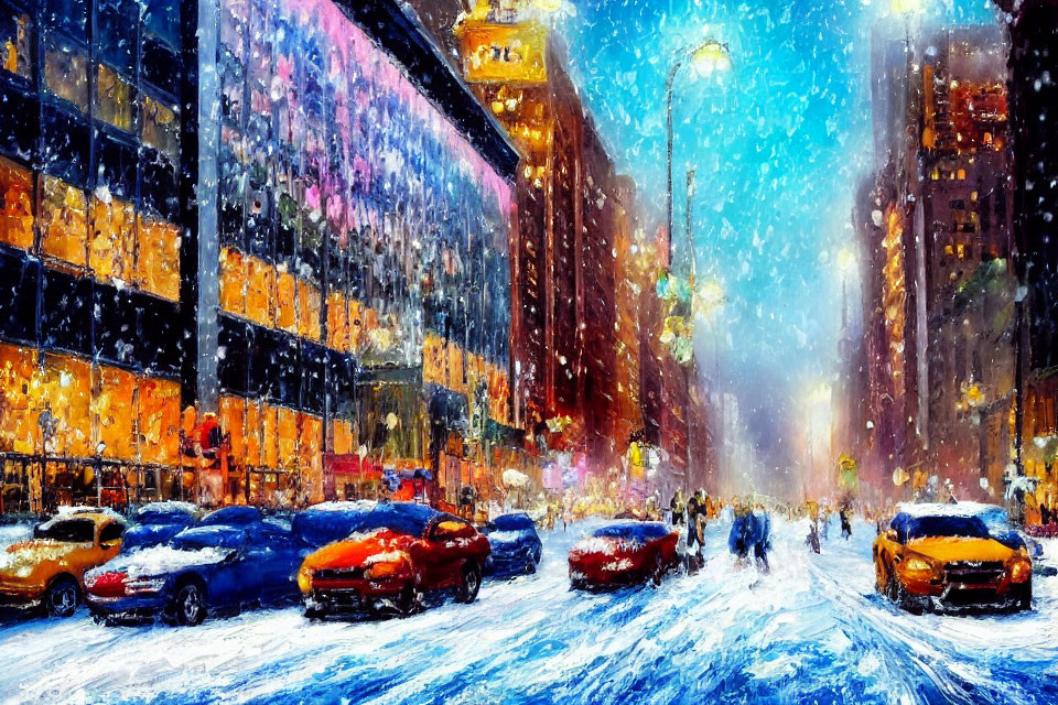 Snowfall city street scene with colorful buildings and busy traffic