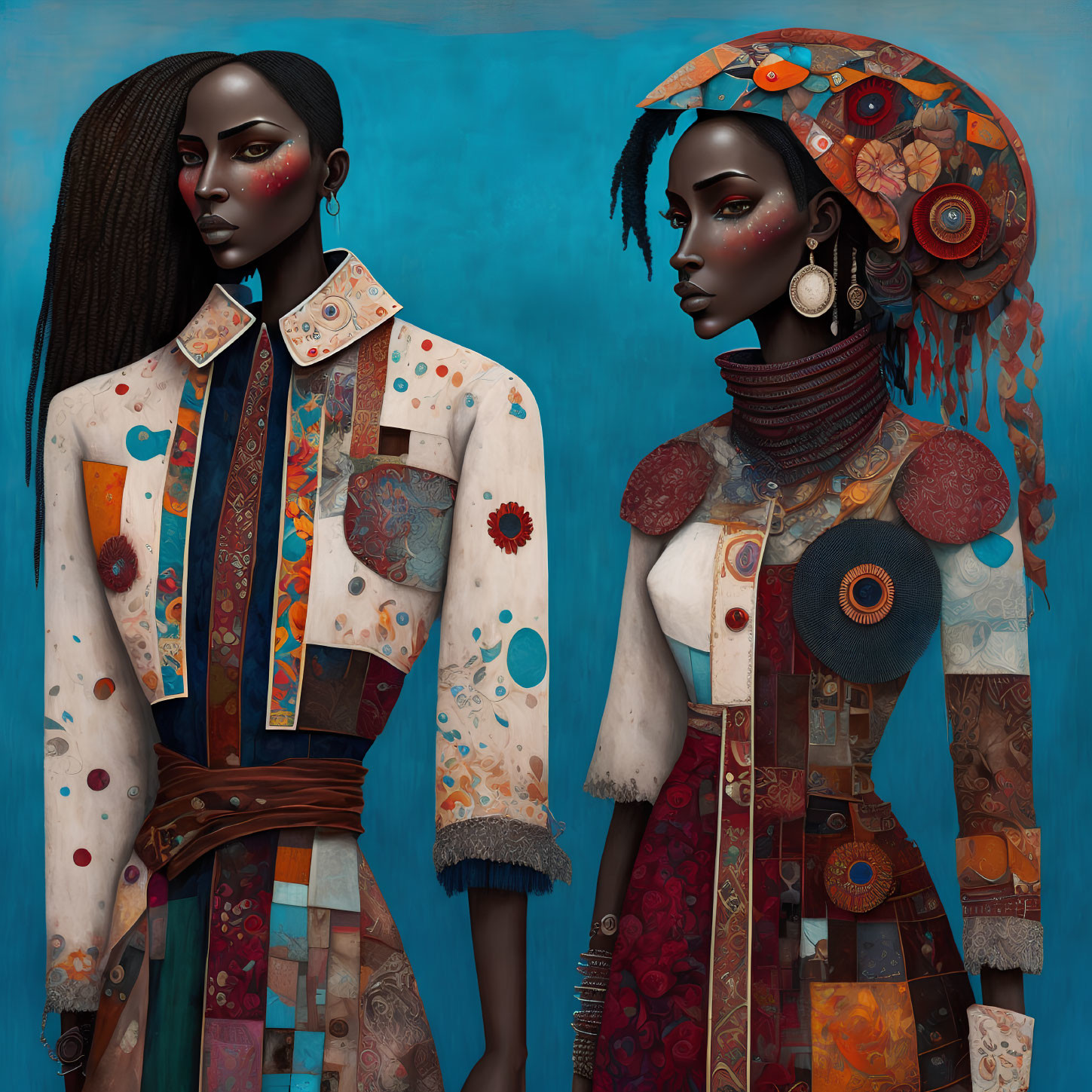 African-inspired female figures in elaborate attire and headpieces on blue background