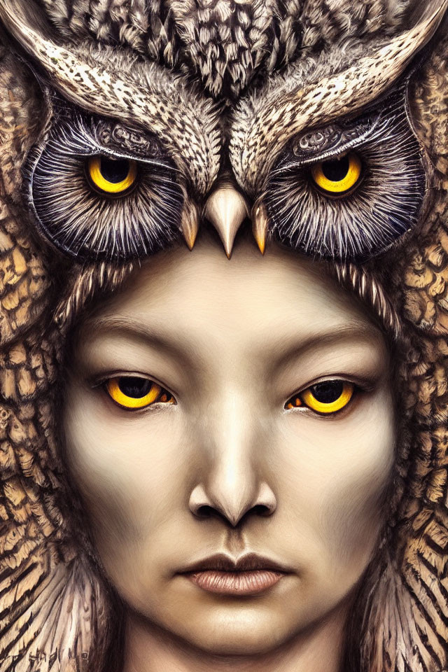 Surreal portrait blending human face with owl features and intense yellow eyes