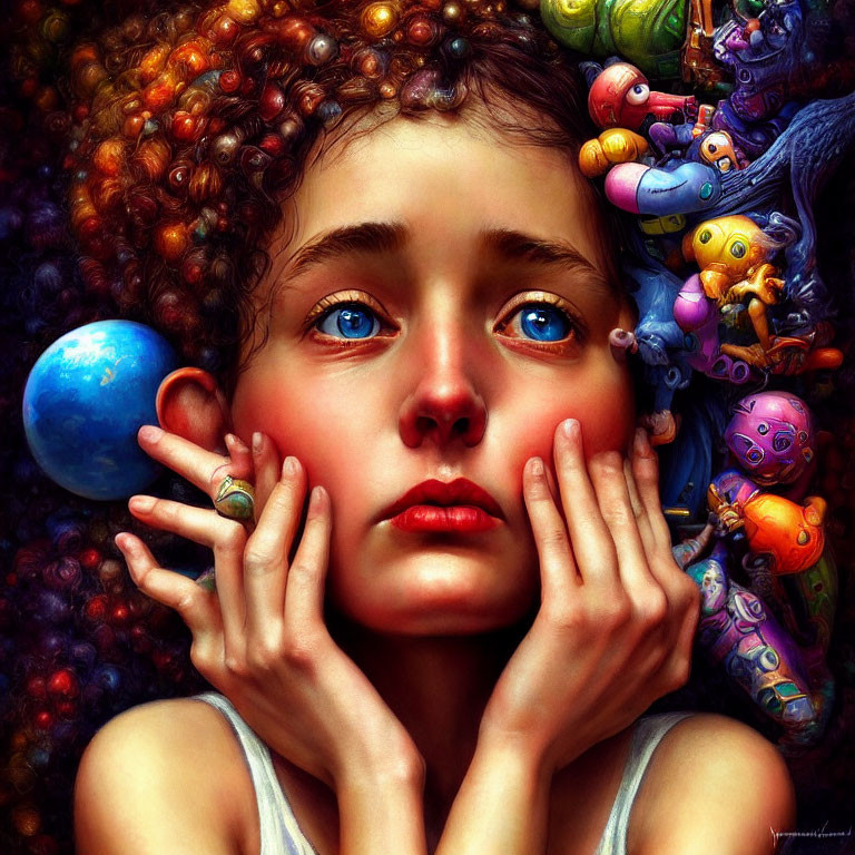Vibrant digital painting of young girl with blue eyes and toys