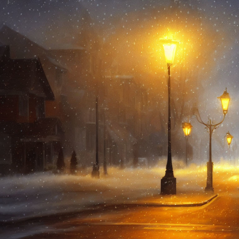 Snowy Street at Night: Warm Streetlights, Falling Snowflakes
