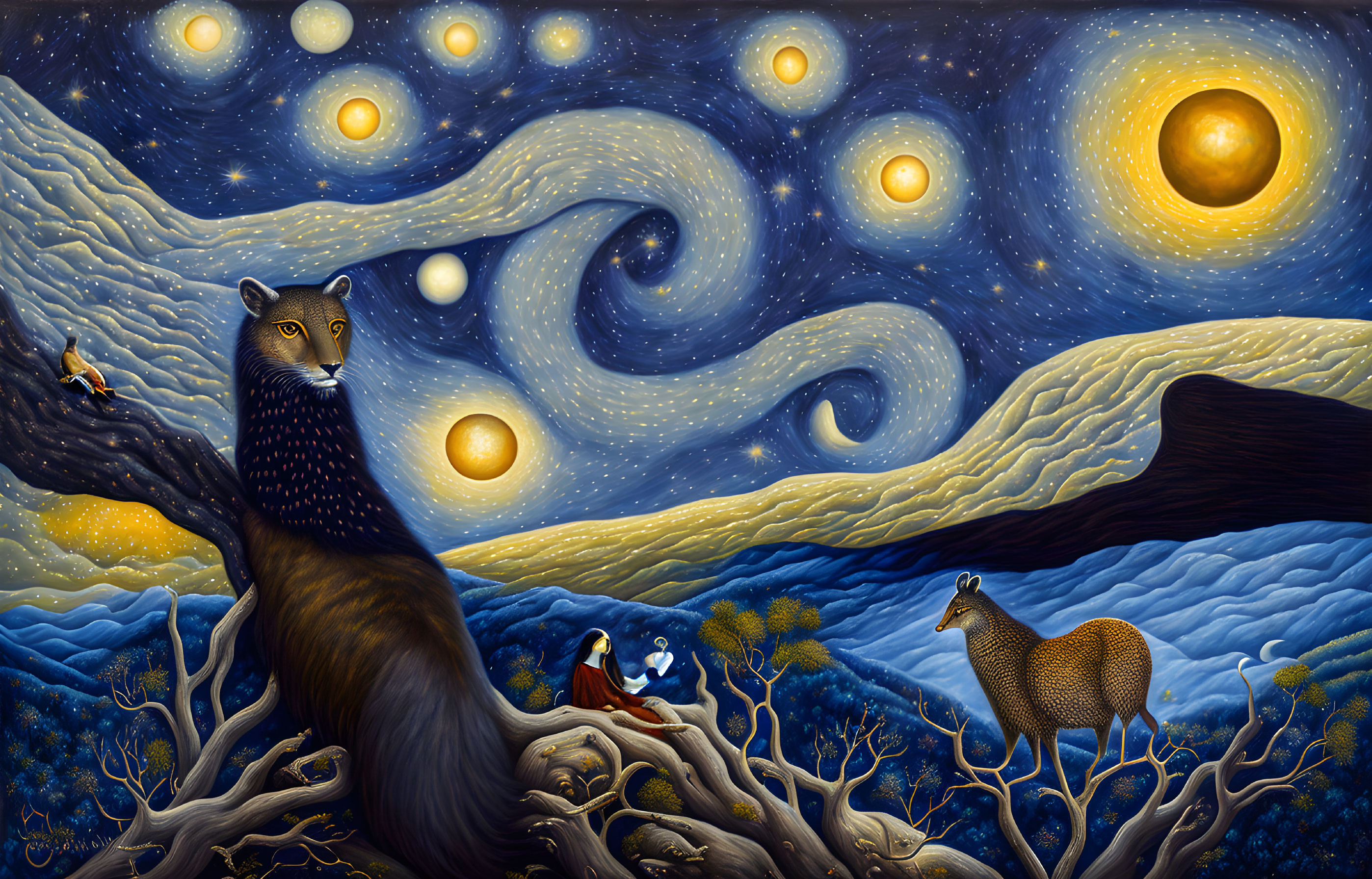 Nighttime Landscape with Swirling Skies, Moon, Stars, Owl, Deer & Terrain