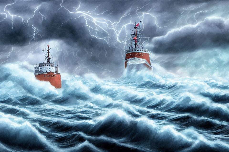Ships in stormy seas with lightning strikes