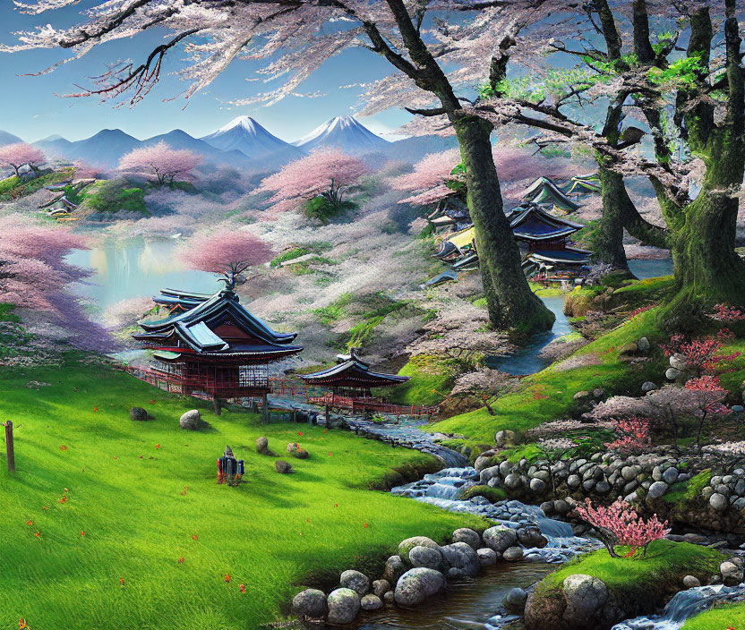 Traditional Japanese buildings with cherry blossoms, lake, and couple admiring view
