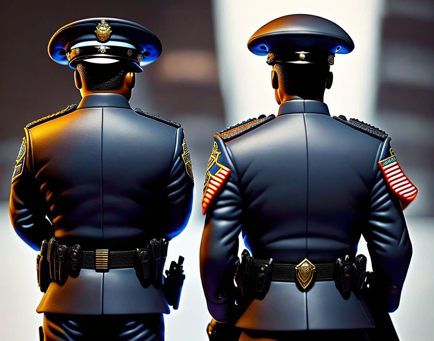 Two animated police officers in uniform with badges and stripes, standing back-to-back.