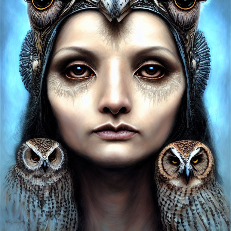 Woman with Owl Headwear Surrounded by Realistic Owls on Blue Background