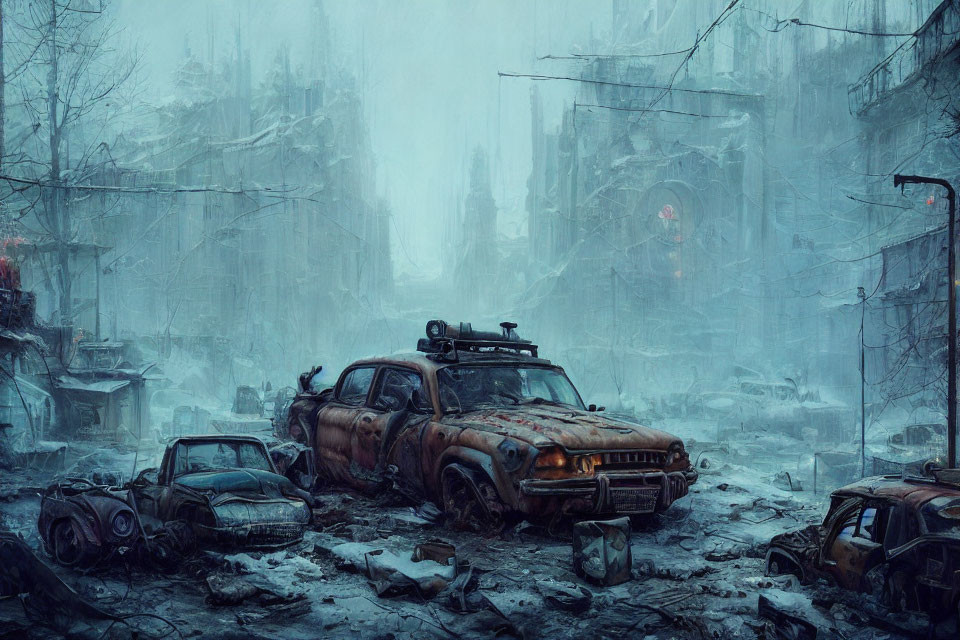 Desolate snow-covered city with rusted cars and gloomy buildings