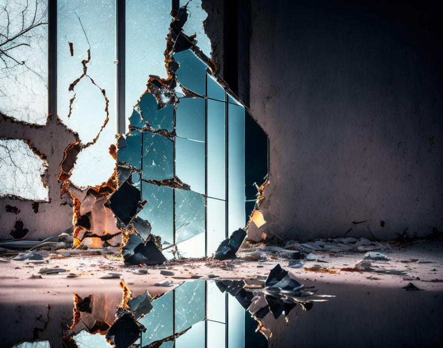 Sunlight illuminates broken mirrors in abandoned room