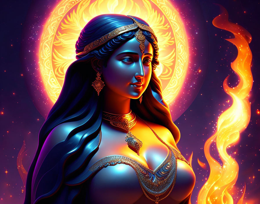Blue-skinned woman with Indian adornments under radiant sun backdrop