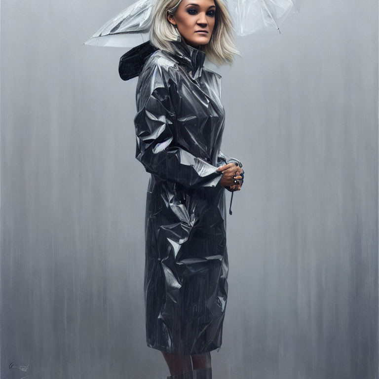 Futuristic woman in silver trench coat with clear umbrella