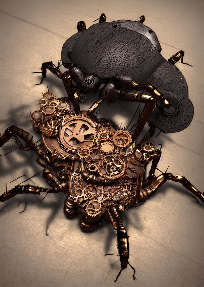 Intricate Steampunk Mechanical Spider with Metal Gears on Textured Surface