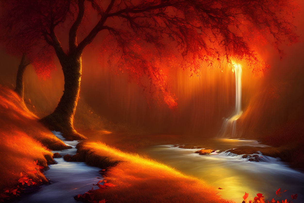 Glowing waterfall and fiery red foliage in autumn scene
