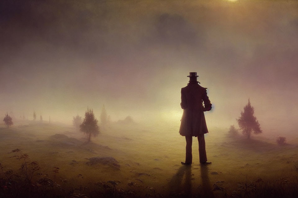 Silhouette of person in top hat and coat in misty field