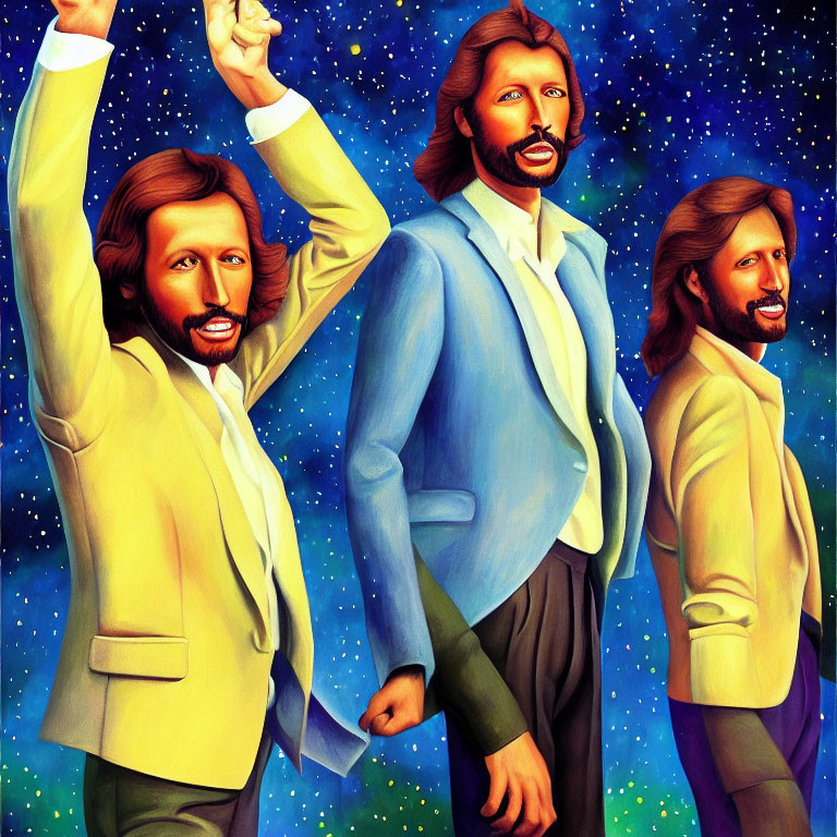 Three identical men in pastel suits with brown hair and beards posing against starry space backdrop