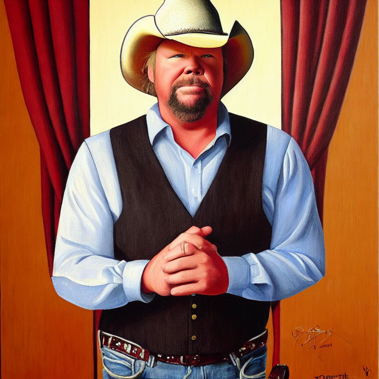 Portrait of a man in cowboy attire with mustache and confident pose