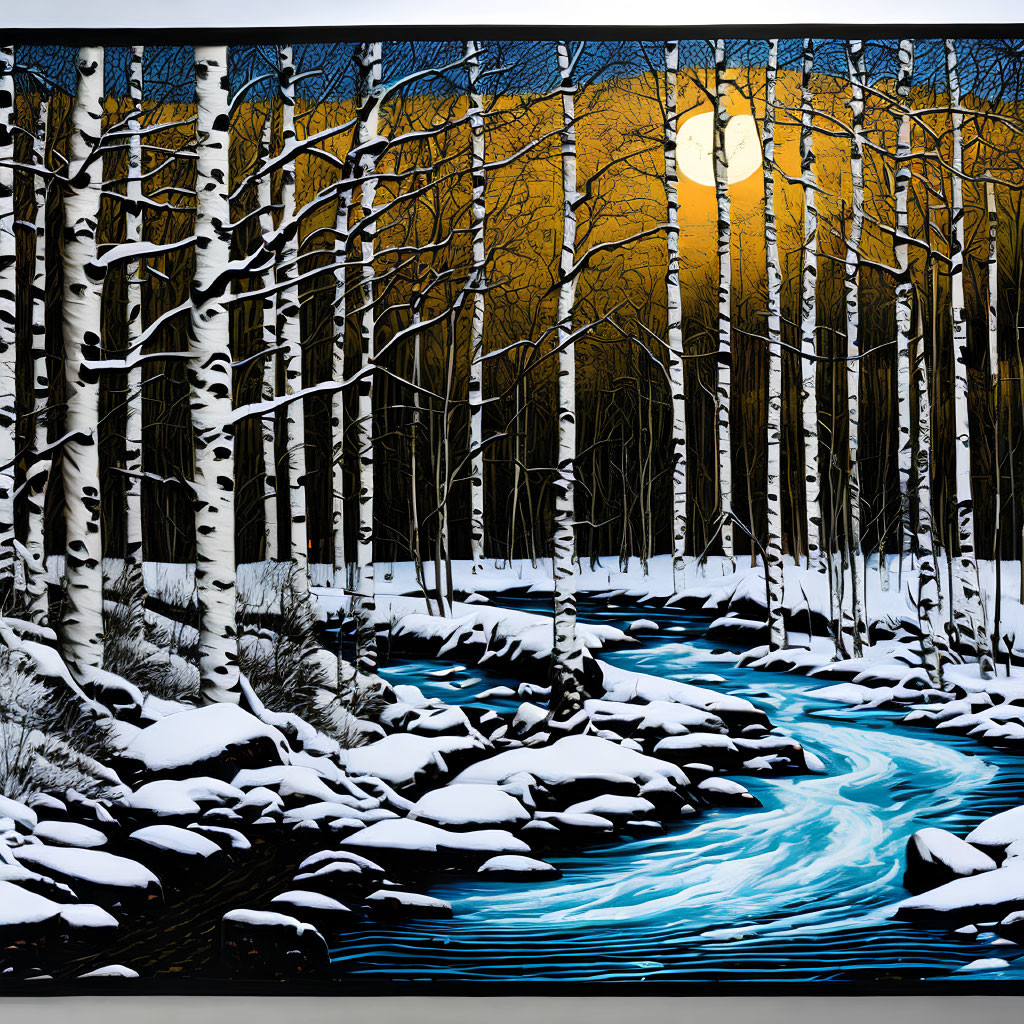Winter landscape with blue river, snow-covered rocks, birch trees, and full moon.