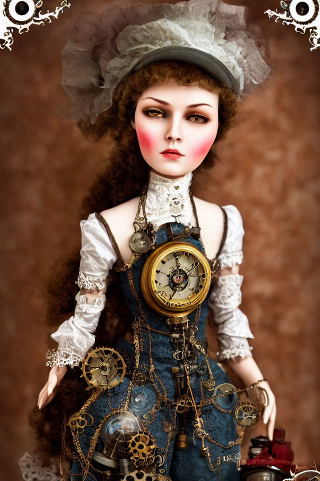 Steampunk doll with clock torso, lacey blouse, denim corset, gears & cogs