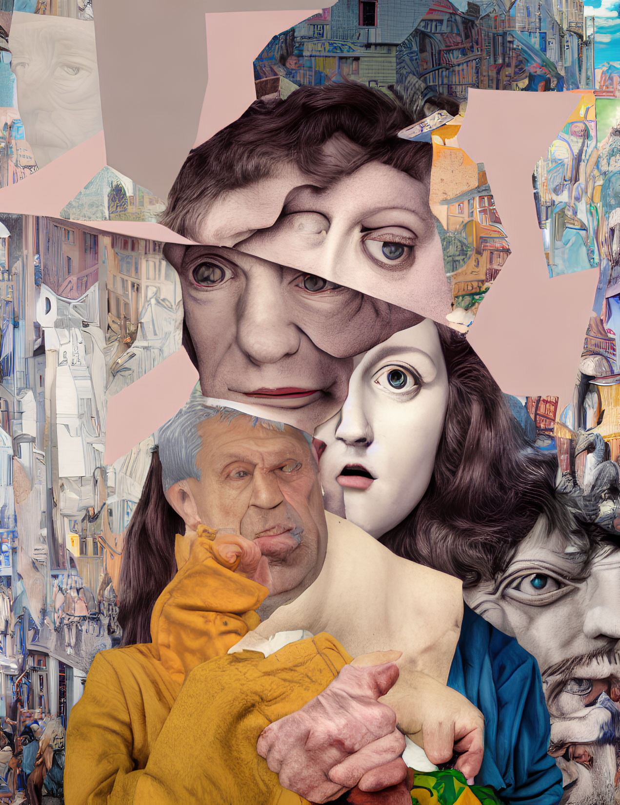 Surreal collage of overlapping faces against urban backdrop
