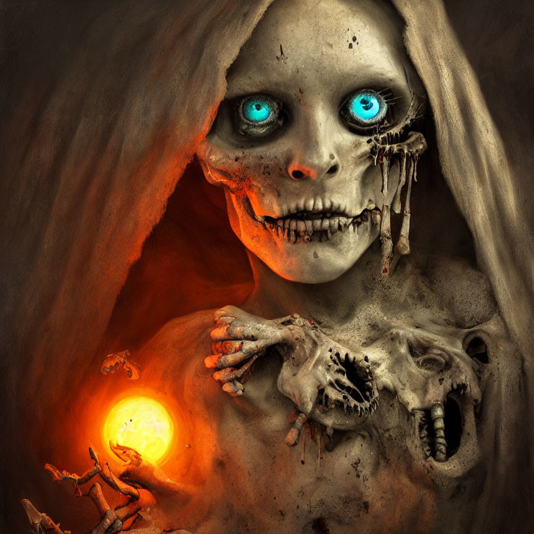 Skeletal figure with glowing blue eyes and bright orb on fiery orange backdrop