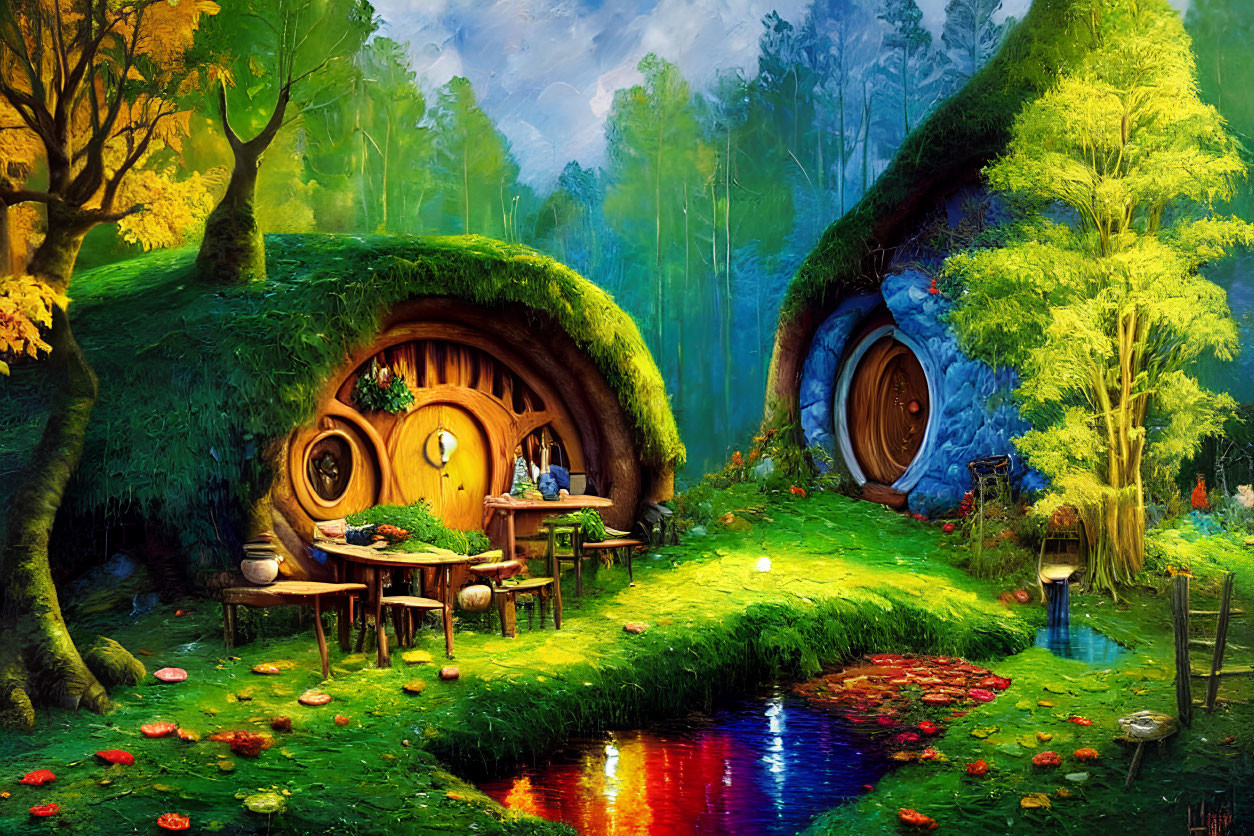 Whimsical artwork of vibrant hobbit houses in lush greenery