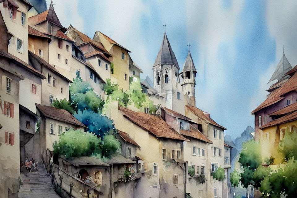 Quaint European village watercolor painting with historic buildings and church tower