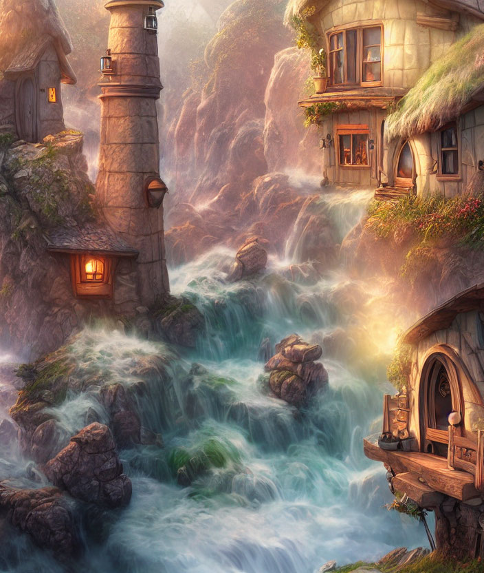 Stone tower fantasy cottage by cascading stream at sunset