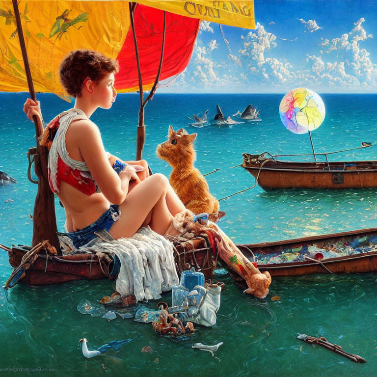 Woman and cat on boat with colorful umbrellas, surrounded by fish and sharks in clear water under blue