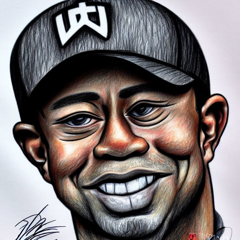 Detailed pencil caricature of smiling man with "UT" logo cap