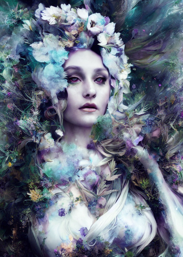 Surreal portrait of woman with flowers and foliage blending into surroundings