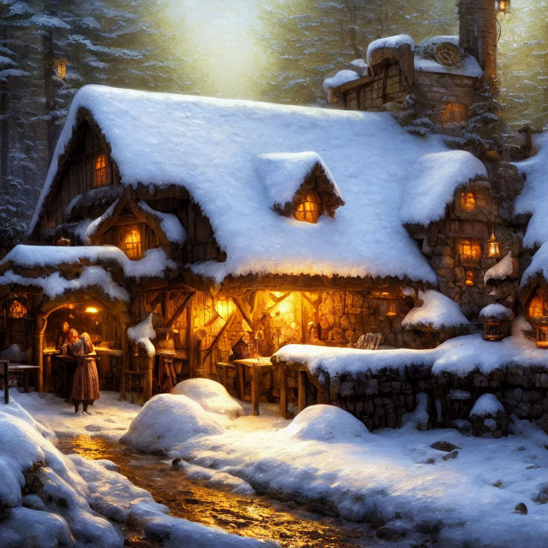 Snow-covered cottage with glowing windows and figures conversing in serene wintry evening