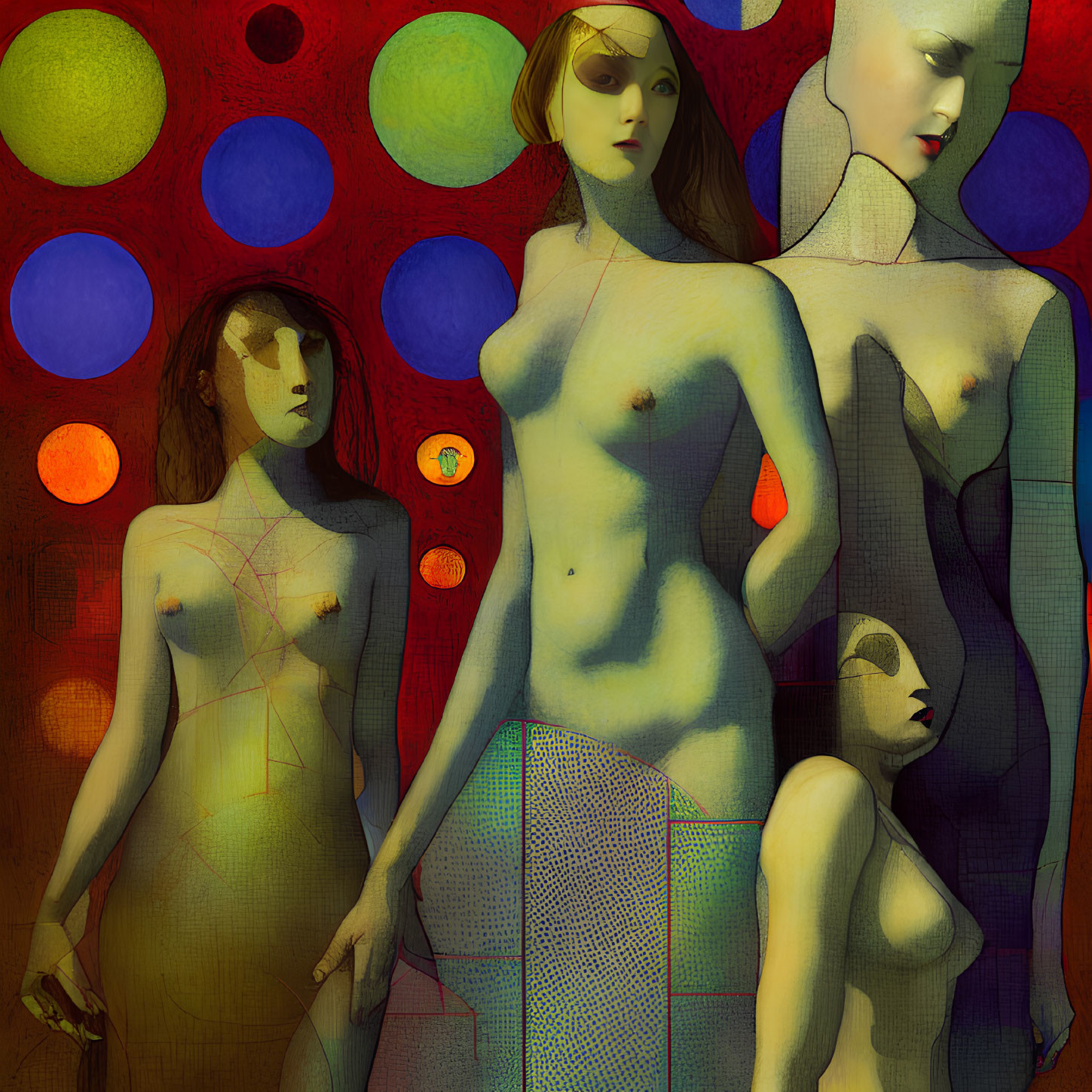 Four stylized female figures in abstract art with elongated features and colorful circles.