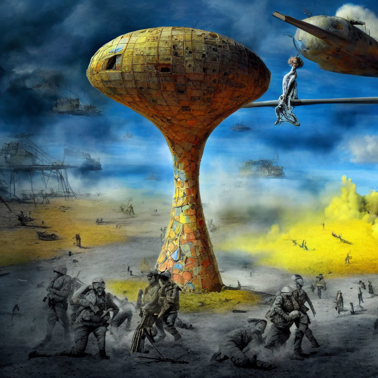 Surreal combat scene with soldiers, mushroom structure, ships, and descending figure