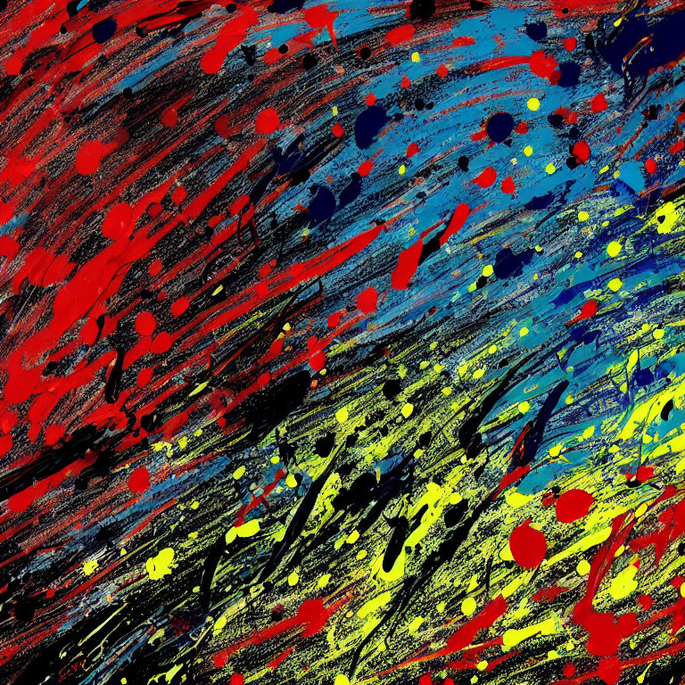 Vibrant red, blue, and yellow streaks on textured black canvas