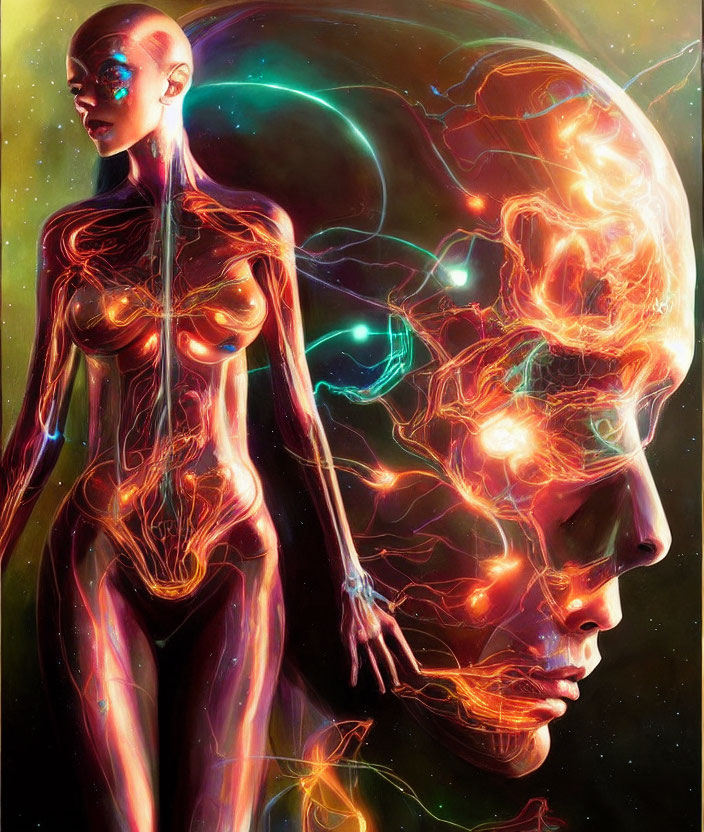 Neon-like Lines on Humanoid Figure Against Cosmic Background