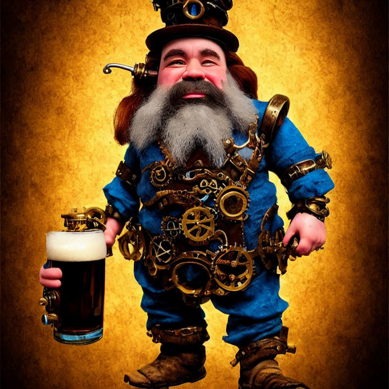 Fantasy character with beard, gears, and beer mug in whimsical illustration