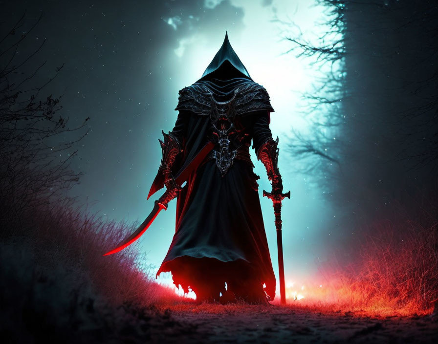 Cloaked figure with skeletal mask in misty, red-lit forest at night