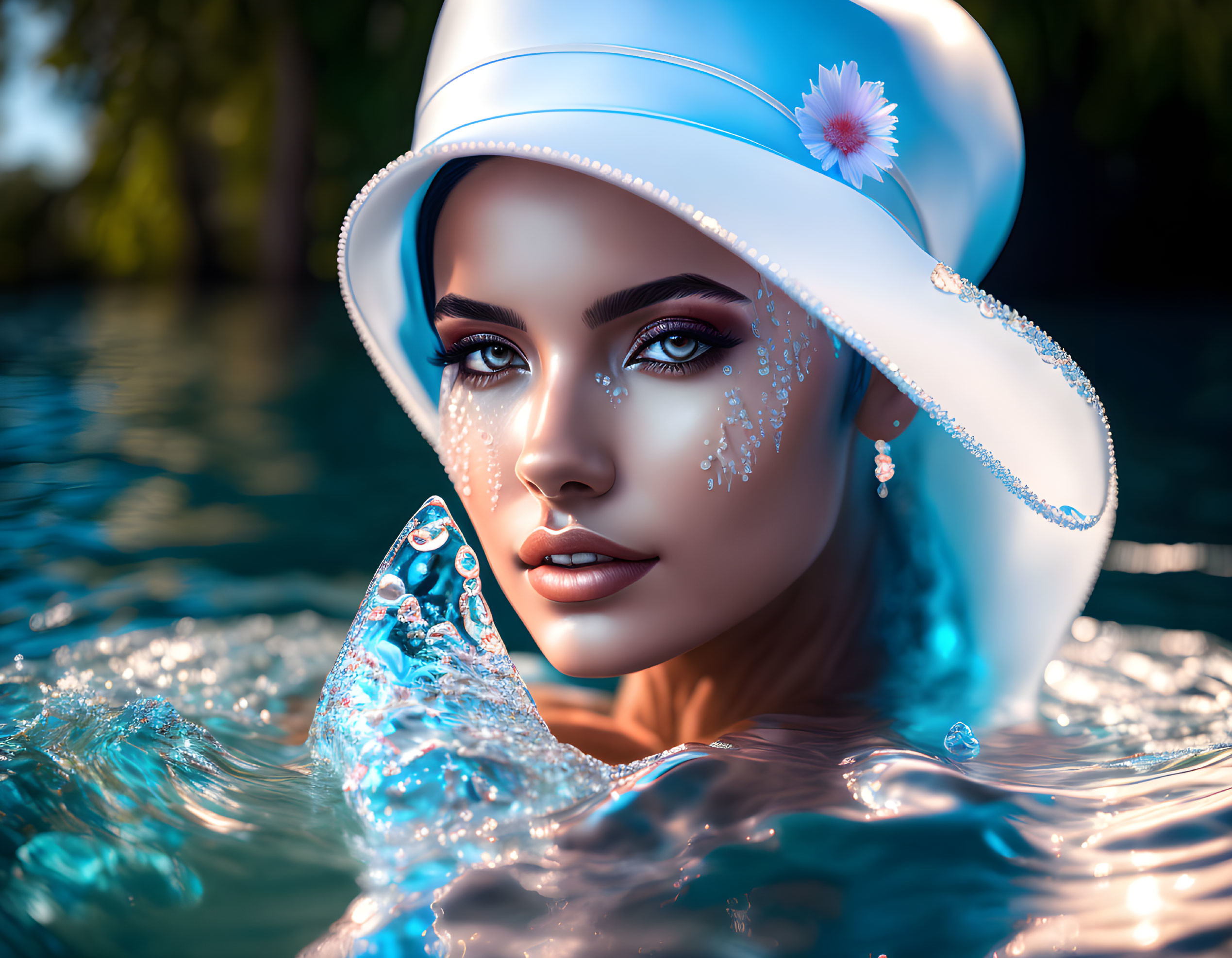 Digital Artwork: Woman with Elaborate Makeup and Jewelry in White Hat Submerged in Blue Water