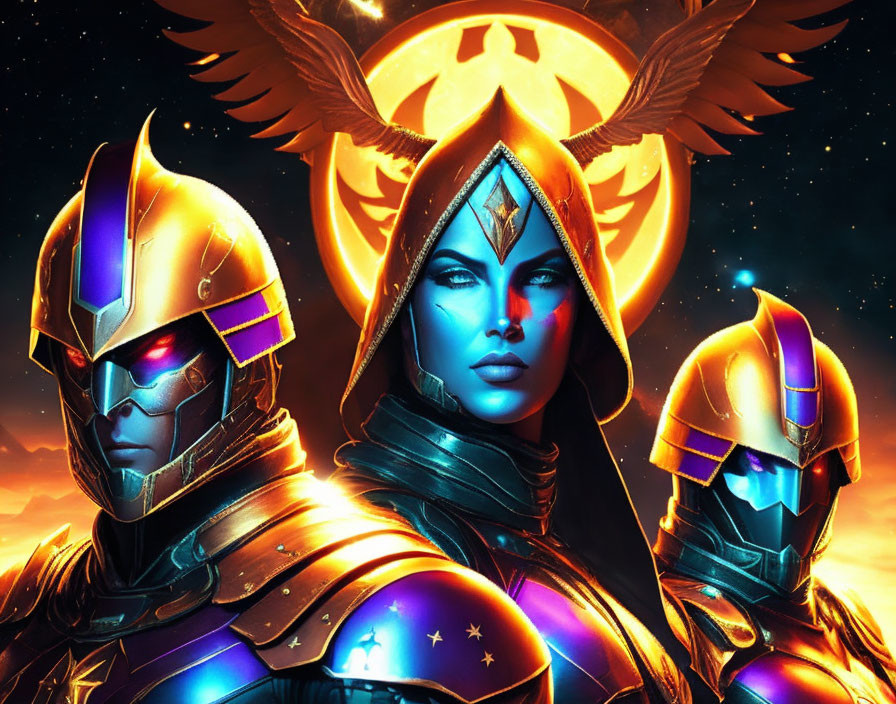 Three futuristic warriors in glowing armor under winged symbol; central figure with blue facial markings.