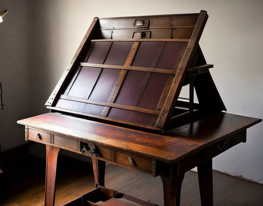 Adjustable vintage drafting table with small drawers and worn finish