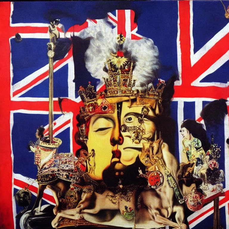 Surrealist painting with overlapping faces and British symbols