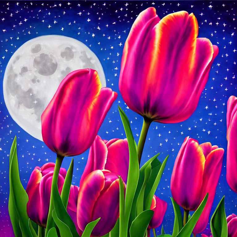 Detailed Moon and Starry Night Sky with Vibrant Red Tulips